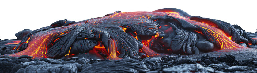The lava flow glows red hot, a destructive yet fascinating natural phenomenon isolated on white background