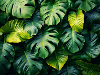 Tropical monstera leaves with yellow highlights. Botanical and biophilic design concept. Generative AI