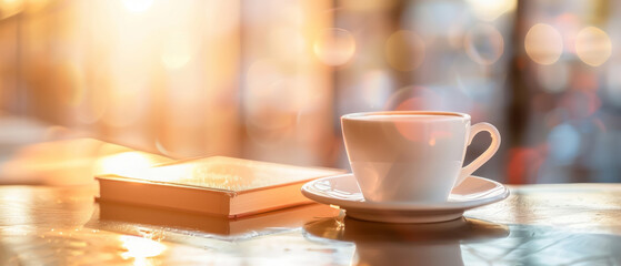 Fototapeta premium Soft morning light bathes a cozy coffee setup with a book, creating a serene moment