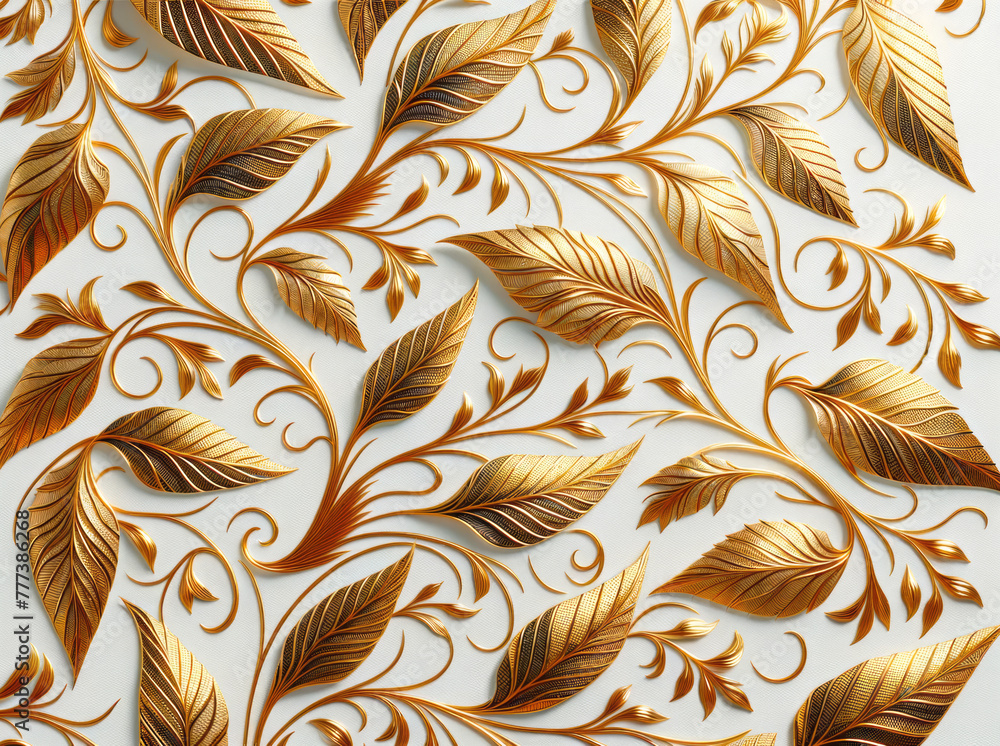 Poster ornate golden leaves with intricate detailing on a white canvas. generative ai