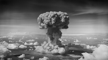 A historical photo capturing the mushroom cloud rising after the detonation of an atomic bomb, depicting the devastating power of nuclear weapons