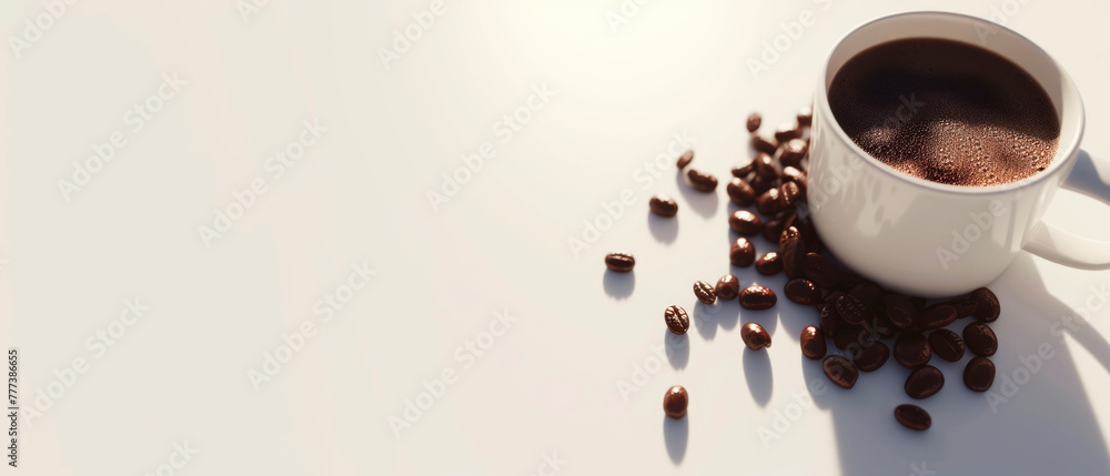 Poster minimalist white coffee cup with espresso casting a long shadow on a bright surface. generative ai