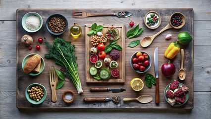 healthy food, fruits and vegetables on wooden tray, wooden background
