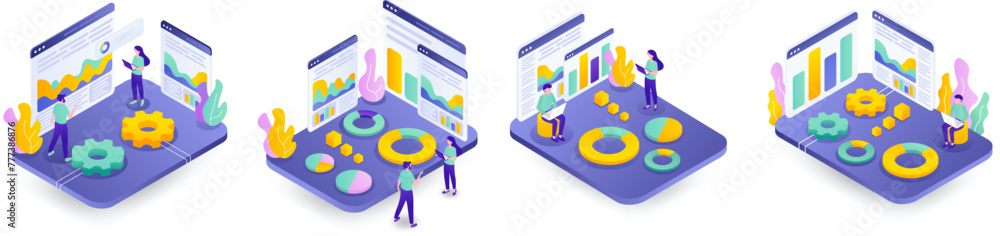 Poster vector isometric illustration set, ui concept for your website. web ui/ux design concept. data analy
