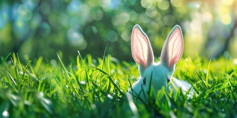 Easter background with white bunny ears sticking out of the grass, Easter scene.
