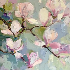 Abstract Oil Painting of a Magnolia Tree Branch in Pastel Shades