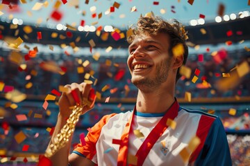 Elite Competitor Celebrating Victory in Stadium Amidst Confetti Rain