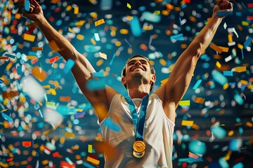 Victorious Athlete Celebrating Win in Stadium Amid Confetti Shower