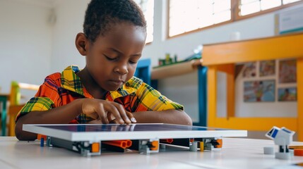 Young child engrossed in learning and playing with educational toys at school - obrazy, fototapety, plakaty