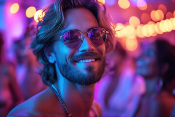 Happy handsome young man dancing at a nightclub party, disco guy having fun at a music festival - obrazy, fototapety, plakaty