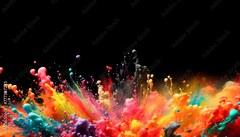Aufkleber Explosive display of multicolored paint and particles on a black background. Generative AI