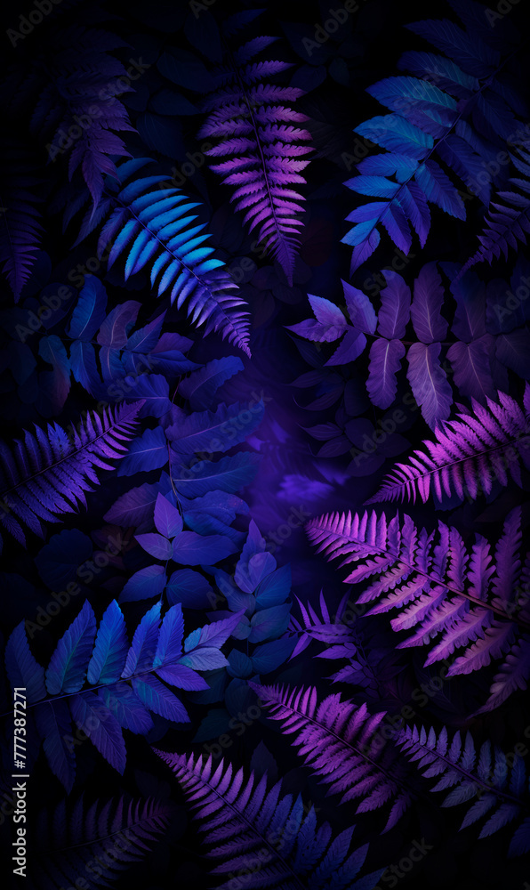 Poster exquisite purple foliage on a black background with a mysterious atmosphere. generative ai