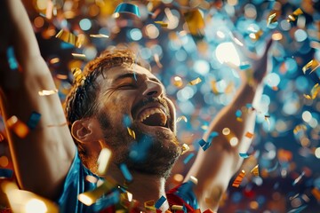 Elite Sportsman Celebrating Victory in Stadium Amidst Confetti Drizzle