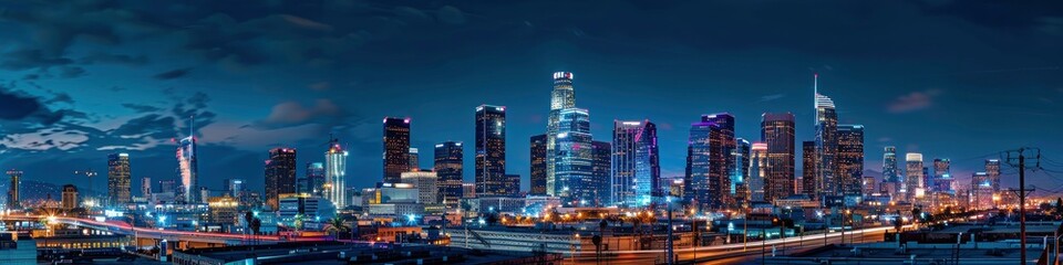 Fototapeta na wymiar Panoramic view of the Los Angeles skyline at night.