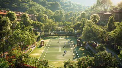 top view of the tennis court among greenery and park