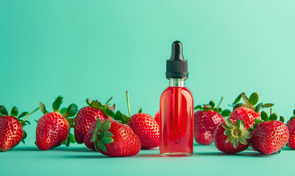 flavored extract oil liquid in brown bottle surrounded by strawberries isolated on plain green studio background