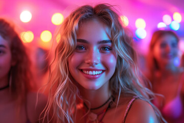 Obraz na płótnie Canvas Happy young woman dancing at a nightclub party, disco girl having fun at a music festival