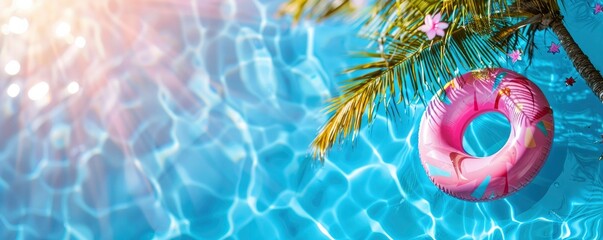 Top view of an inflatable donut floating in the water, palm trees on the sides, summer background with blue and turquoise colors, sunlight reflections, bokeh effect - obrazy, fototapety, plakaty