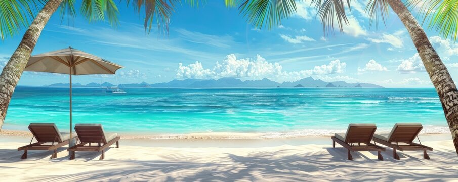 Tropical beach with sun loungers and palm trees on the white sand, blue sea water, bright sunny day. vacation or travel concept