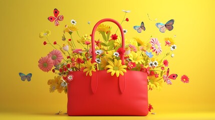 a captivating 3D illustration, showcasing a red ladies' handbag brimming with colorful spring flowers and butterflies against a dynamic yellow canvas attractive look