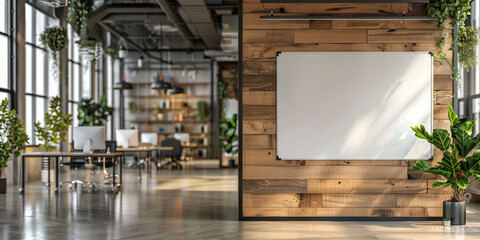 empty white blank poster on wooden wall in an office, white board hung in a room in modern office corridor	