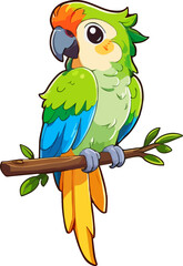 Cute brightly colored parrot on a branch with leaves. Summer illustration with bird