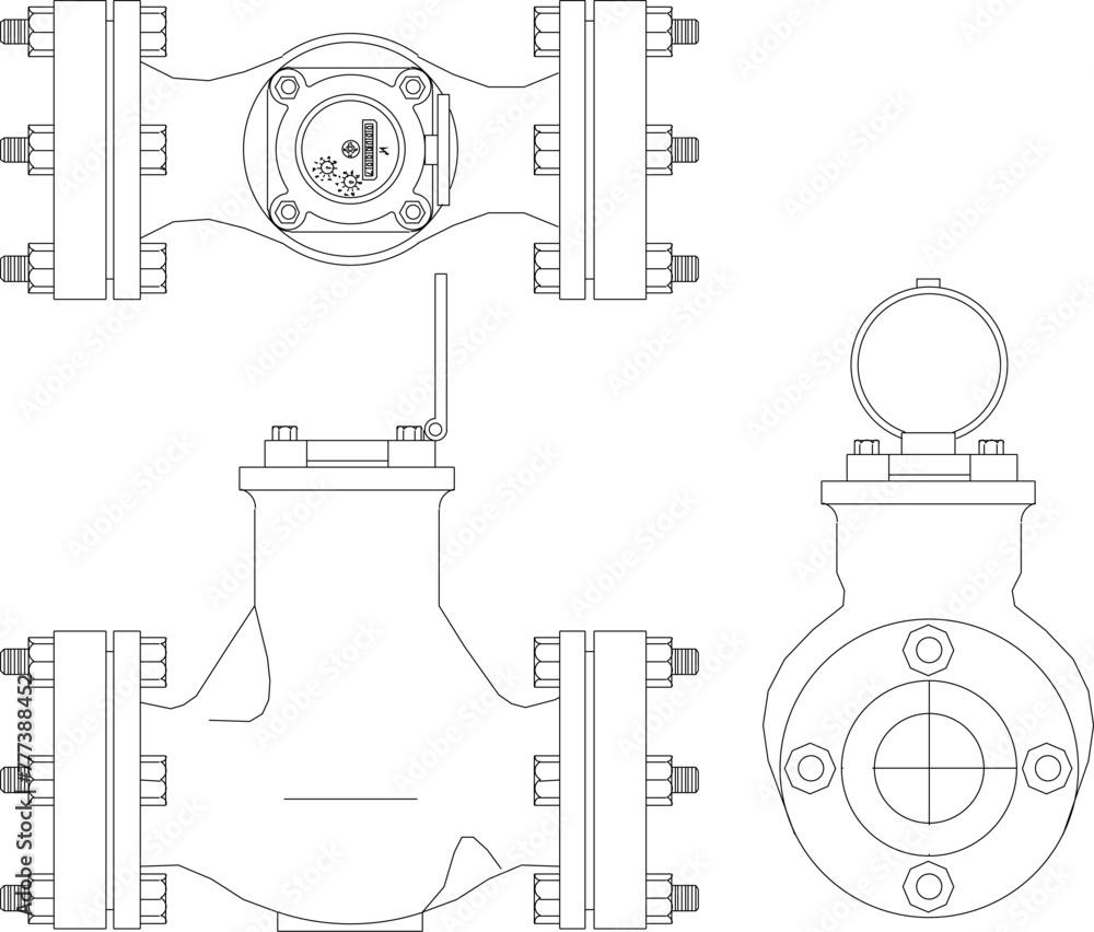 Wall mural vector design sketch illustration, technical drawing of iron pipe fittings, joints and parallels