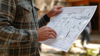 Naklejka premium The architect scrutinizes the plans and layout for the construction of the building 