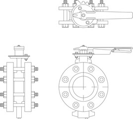 vector design sketch illustration, technical drawing of iron pipe fittings, joints and parallels and faucets
