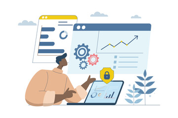 Analyze and verify, Business data analysis and monitoring, Statistics tracking management, Online communication, Businessman checking big data on dashboard or website page, Vector design illustration.