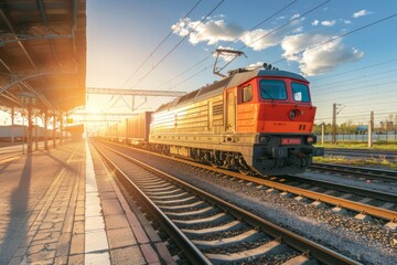 Electric-powered cargo train waiting at the station during sunset