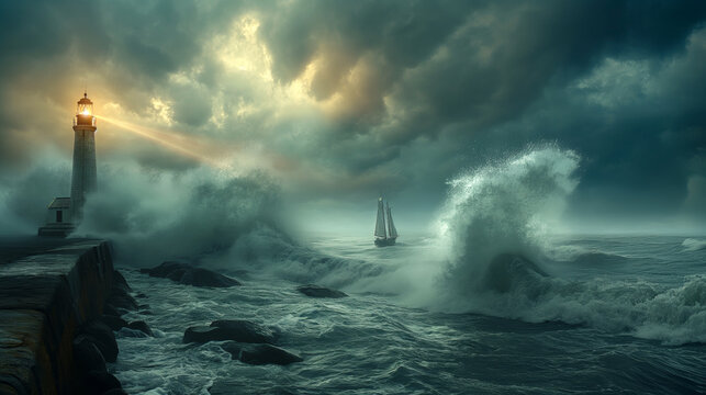 Lighthouse and small sailing ship on a stormy sea