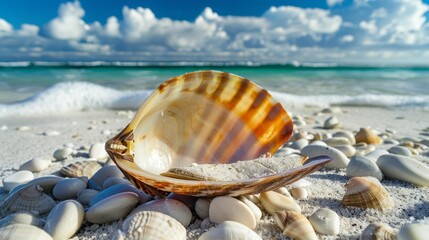 Large Open Clamshell on a White Sandy Beach with Blue Waters