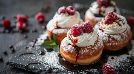 Cupcakes with raspberries and whipped cream on dark background - obrazy, fototapety, plakaty