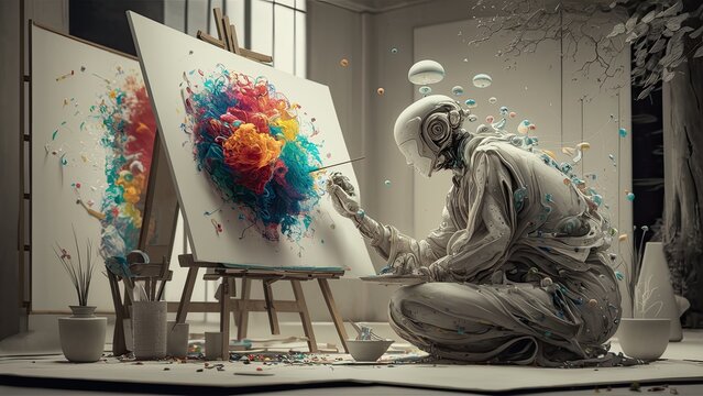 Creative image of artificial intelligence painting a picture, ai concept