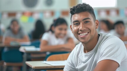 Obraz premium happy latino college student sitting in classroom smiling while taking notes and studying for exams during university semester 