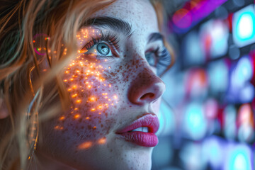 Womans Face Illuminated by Glowing Lights