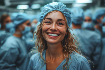Smiling Woman in Scrubs Leading Doctors Team - obrazy, fototapety, plakaty