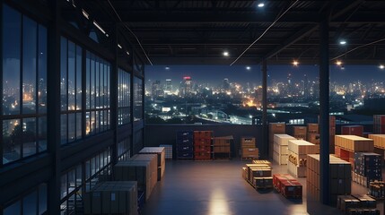 a captivating AI-rendered scene of a warehouse for online stores, bathed in the soft glow of city