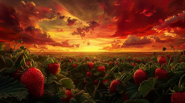 A strawberry field under a nuclear sky where cosmic fairies paint the landscape with vibrant art