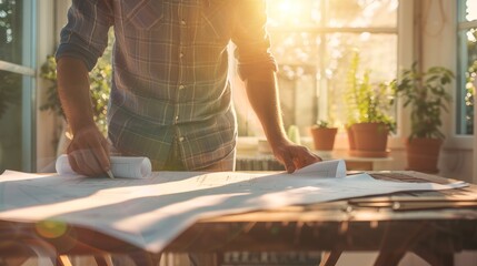 Person in plaid shirt reviewing architectural plans on a table, with sunlight filtering through plants in a warm, cozy setting. - Powered by Adobe