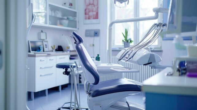 Modern dental clinic interior with dental chair and equipment.