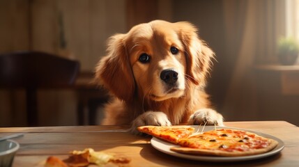 cute, fluffy dog, puppy eating pizza. pet and fast food. delicious Italian pastries. pizza day.