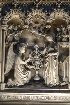 Saints Michael & Gudule cathedral, Brussels, Belgium. Relief depicting the Annunciation