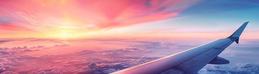 Airplane wing at dawn, soft pastel sky, peaceful flight, new beginnings, gentle light - obrazy, fototapety, plakaty