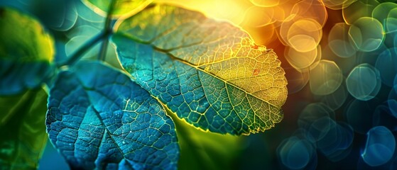 Backlit leaves in forest, macro, glowing veins, vivid patterns, tranquil beauty, soft background