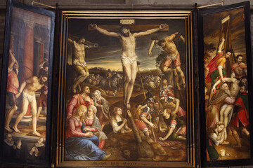 Saints Michael & Gudule cathedral, Brussels, Belgium. ChristÕs Passion triptych by Flemish painter...