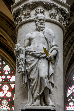 Saints Michael & Gudule cathedral, Brussels, Belgium..Saint Nathanael (Bartholomew) statue