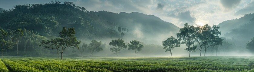 Lingzhi farm with mist, early morning, wide angle, serene atmosphere, highlighting medicinal value
