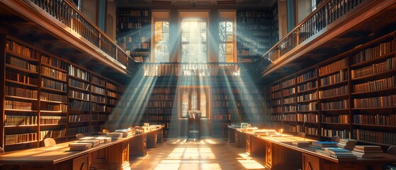 Library with rays of sunlight, afternoon, wideangle, quiet study atmosphere, rows of books - obrazy, fototapety, plakaty
